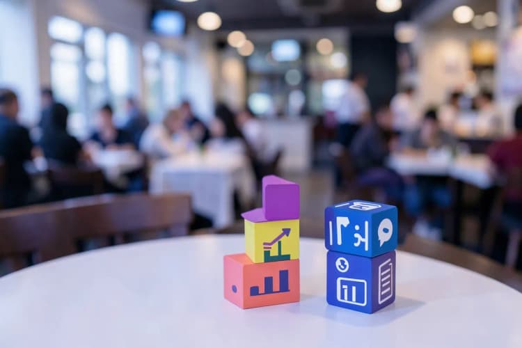 Gráficos de crescimento e ícones de redes sociais sobrepostos a uma imagem desfocada de um restaurante movimentado.