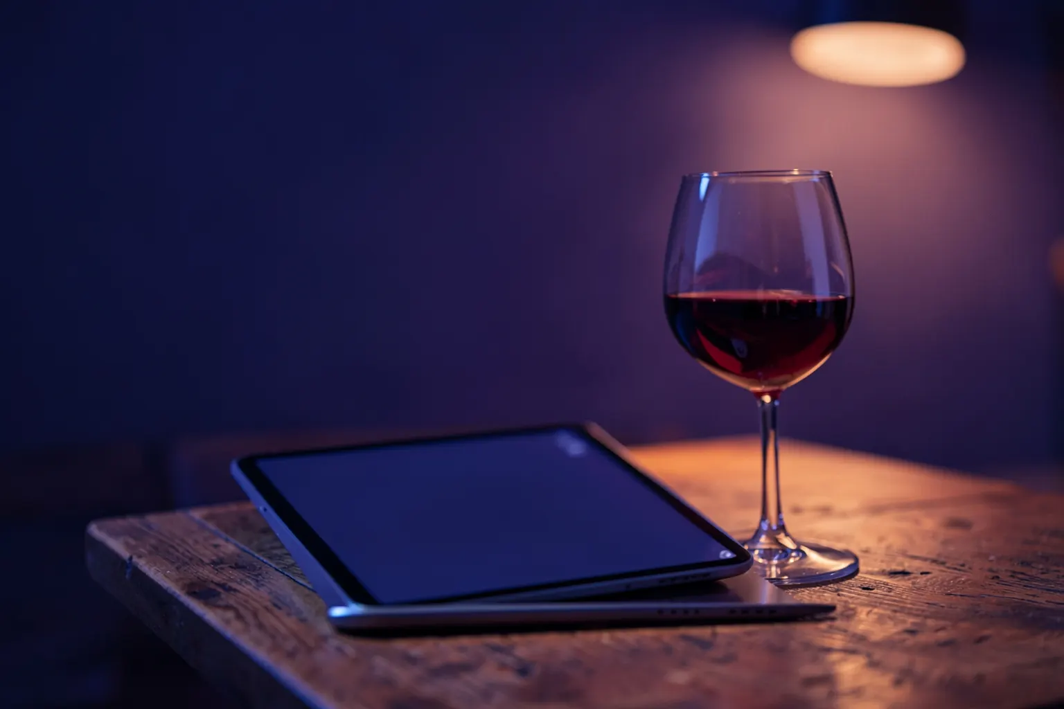 Um cardápio digital em um tablet sobre uma mesa de madeira rústica em um restaurante, com um copo de vinho ao lado.