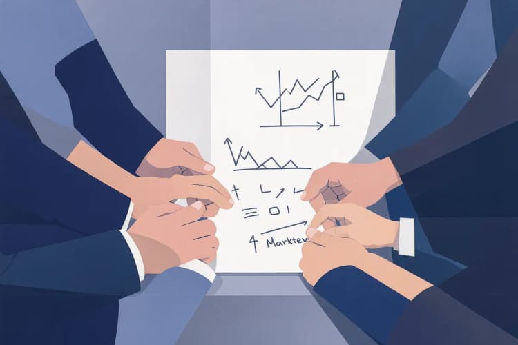 Equipe de marketing discutindo estratégias em uma sala de reunião com gráficos em um quadro branco.