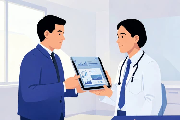 Profissional de marketing apresentando resultados em um tablet para um médico em um consultório.