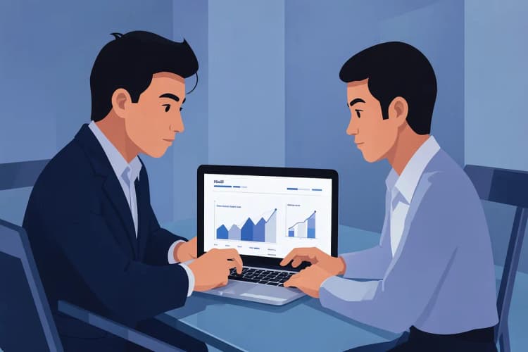 Profissionais de marketing analisando um plano de mídia digital em um escritório moderno.