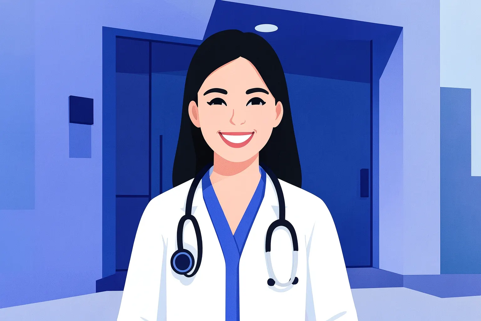 Médica sorrindo em frente a um consultório moderno com um estetoscópio no pescoço, em Sorocaba.