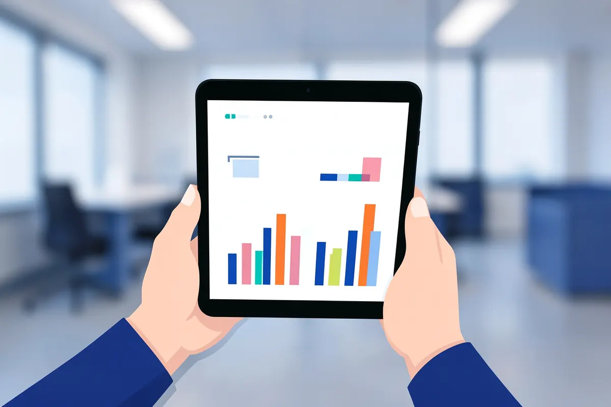 Close-up de um profissional de marketing analisando gráficos em um tablet em um escritório.