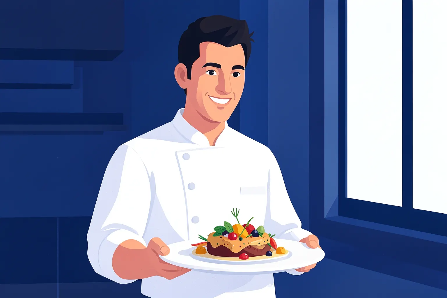 Um chef de cozinha sorrindo e apresentando um prato em um restaurante moderno.
