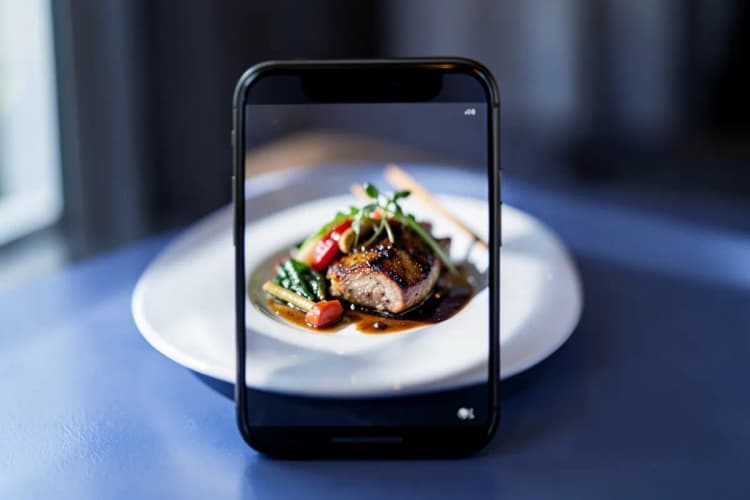 Um close-up de um smartphone gravando um prato de comida gourmet em um restaurante, com foco na textura e cores vibrantes do prato.