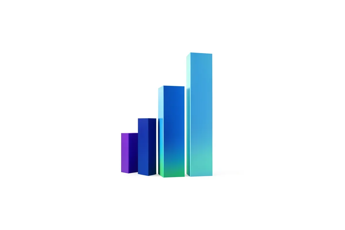 Um gráfico abstrato de barras crescentes em tons de azul e verde sobre um fundo branco, simbolizando crescimento e sucesso no marketing digital.