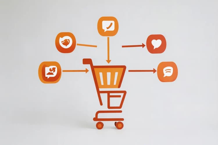 Diagrama de fluxo com setas conectando ícones de redes sociais e um carrinho de compras.