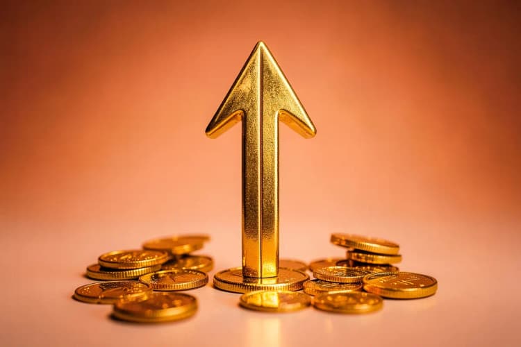 Seta dourada subindo em direção a um alvo com moedas de ouro ao redor.