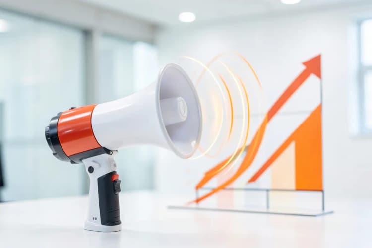 Um megafone emitindo ondas sonoras em direção a um gráfico de crescimento.