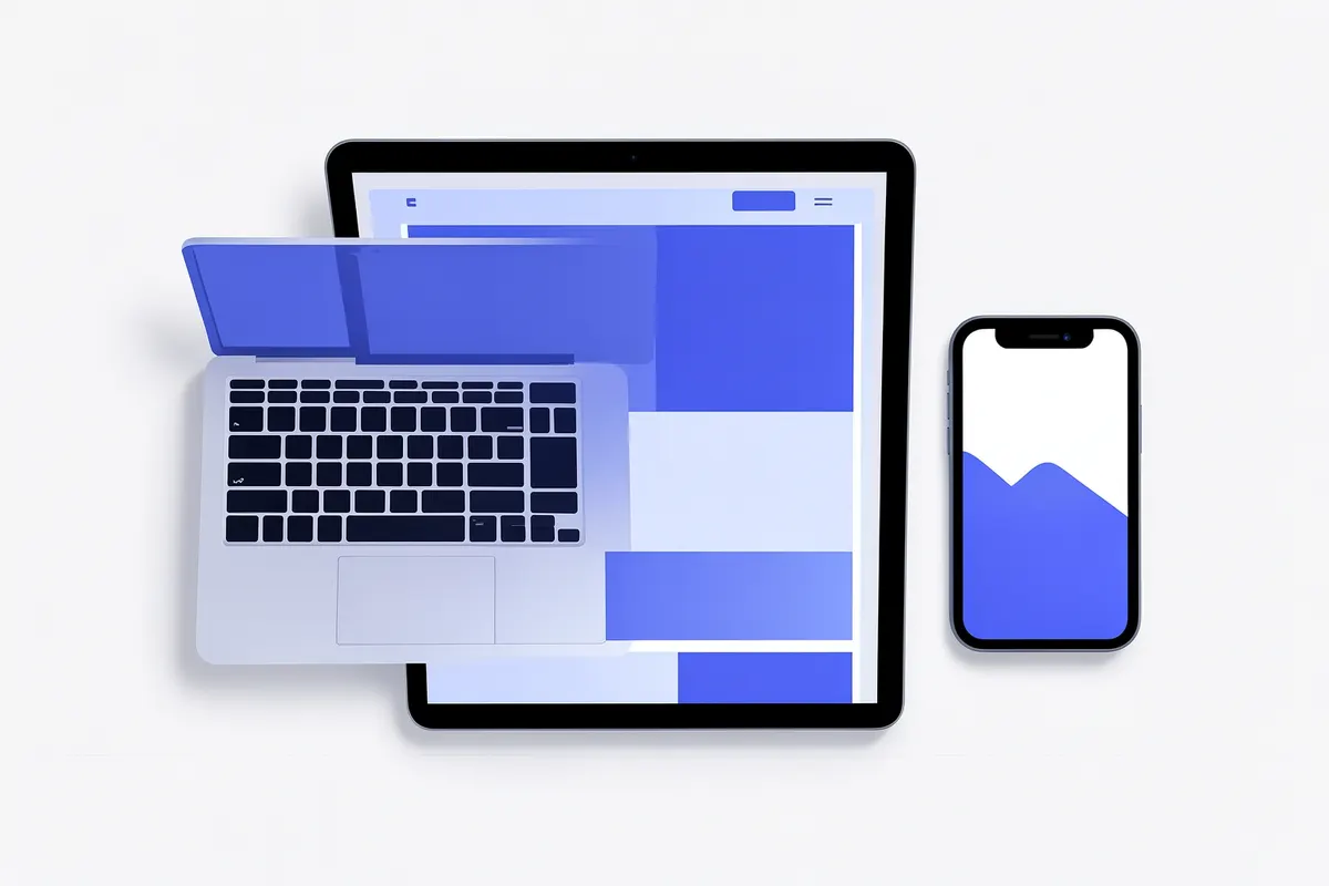 Um close-up de um site responsivo sendo exibido em um laptop, tablet e smartphone, mostrando diferentes tamanhos de tela.