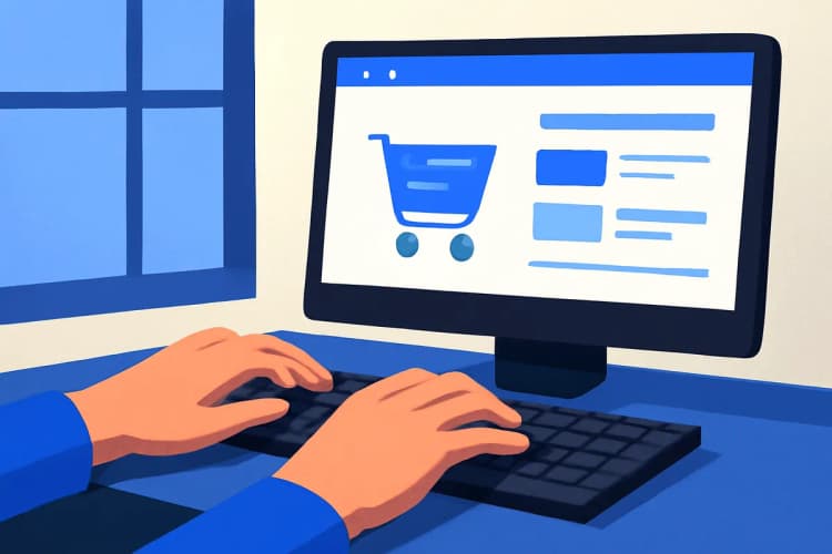 Uma pessoa digitando em um teclado de computador com um site de e-commerce aberto na tela.