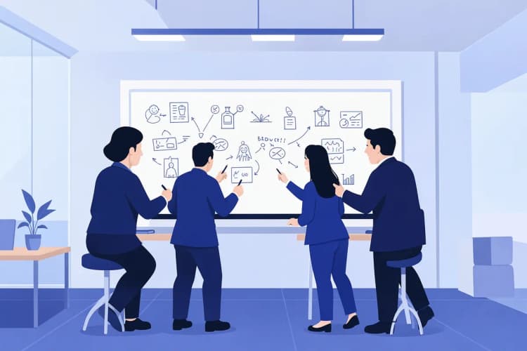 Uma equipe de designers trabalhando em um escritório moderno, discutindo um projeto em um quadro branco.