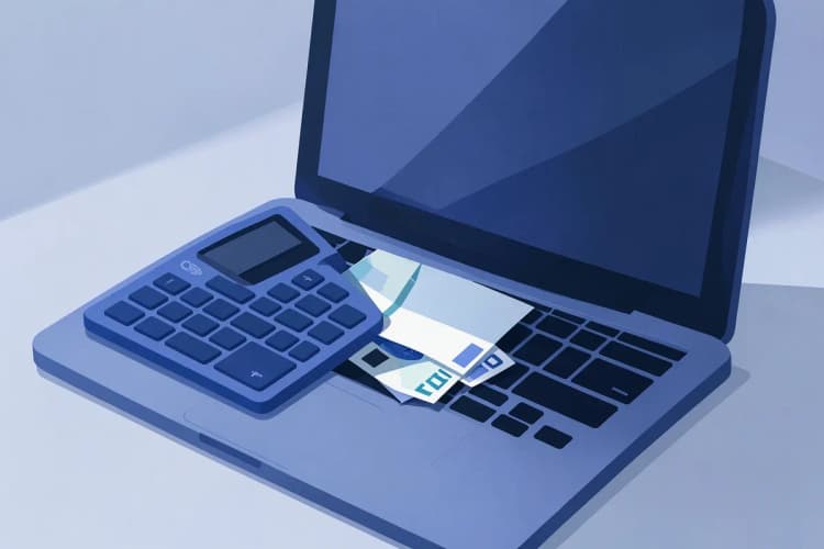 Uma calculadora e notas de dinheiro sobre um laptop aberto, representando custos de desenvolvimento de sites.