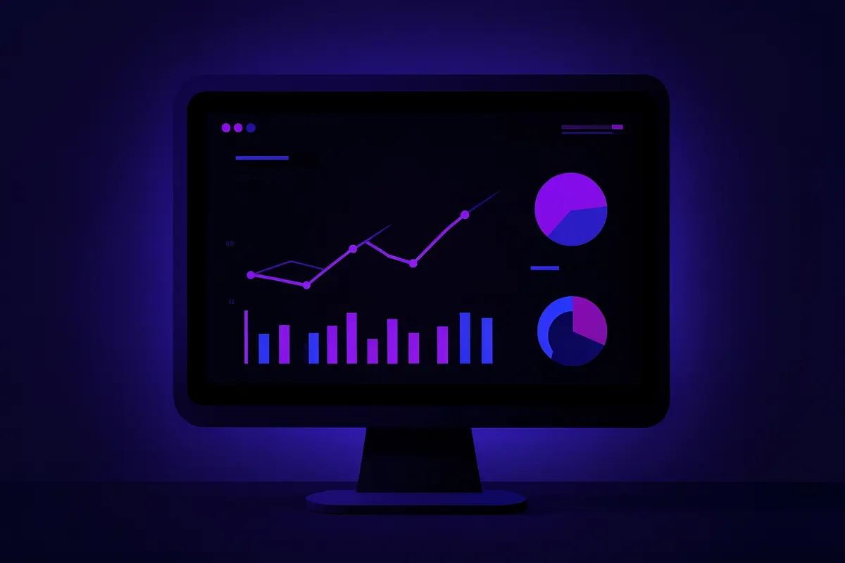 Um painel de análise com gráficos e métricas em um monitor de computador, mostrando o desempenho de um site.