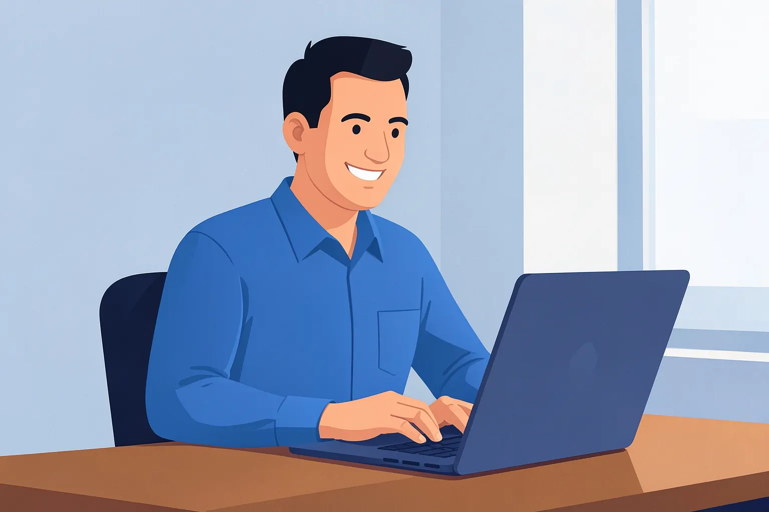 Um homem de negócios sorrindo, em frente a um laptop aberto em uma mesa de madeira, com um fundo desfocado de um escritório moderno.