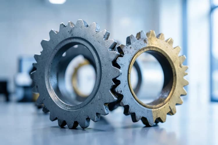 Um conjunto de engrenagens interconectadas em tons de cinza e dourado, representando a integração de processos industriais.