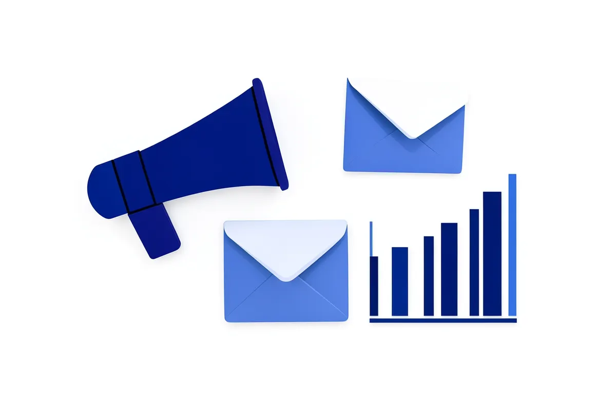 Uma variedade de ícones digitais como um megafone, um envelope e um gráfico de barras, dispostos de forma organizada sobre um fundo branco.