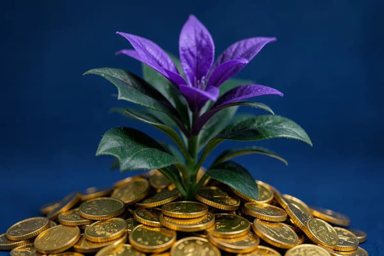 Uma planta crescendo a partir de um monte de moedas de ouro, simbolizando o retorno sobre o investimento em marketing.