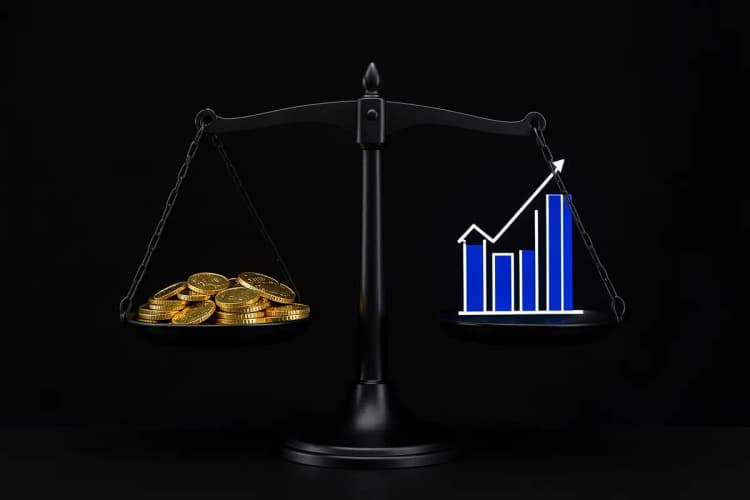 Uma balança com moedas de ouro de um lado e um gráfico de barras do outro, simbolizando o custo e o retorno do investimento em marketing digital.
